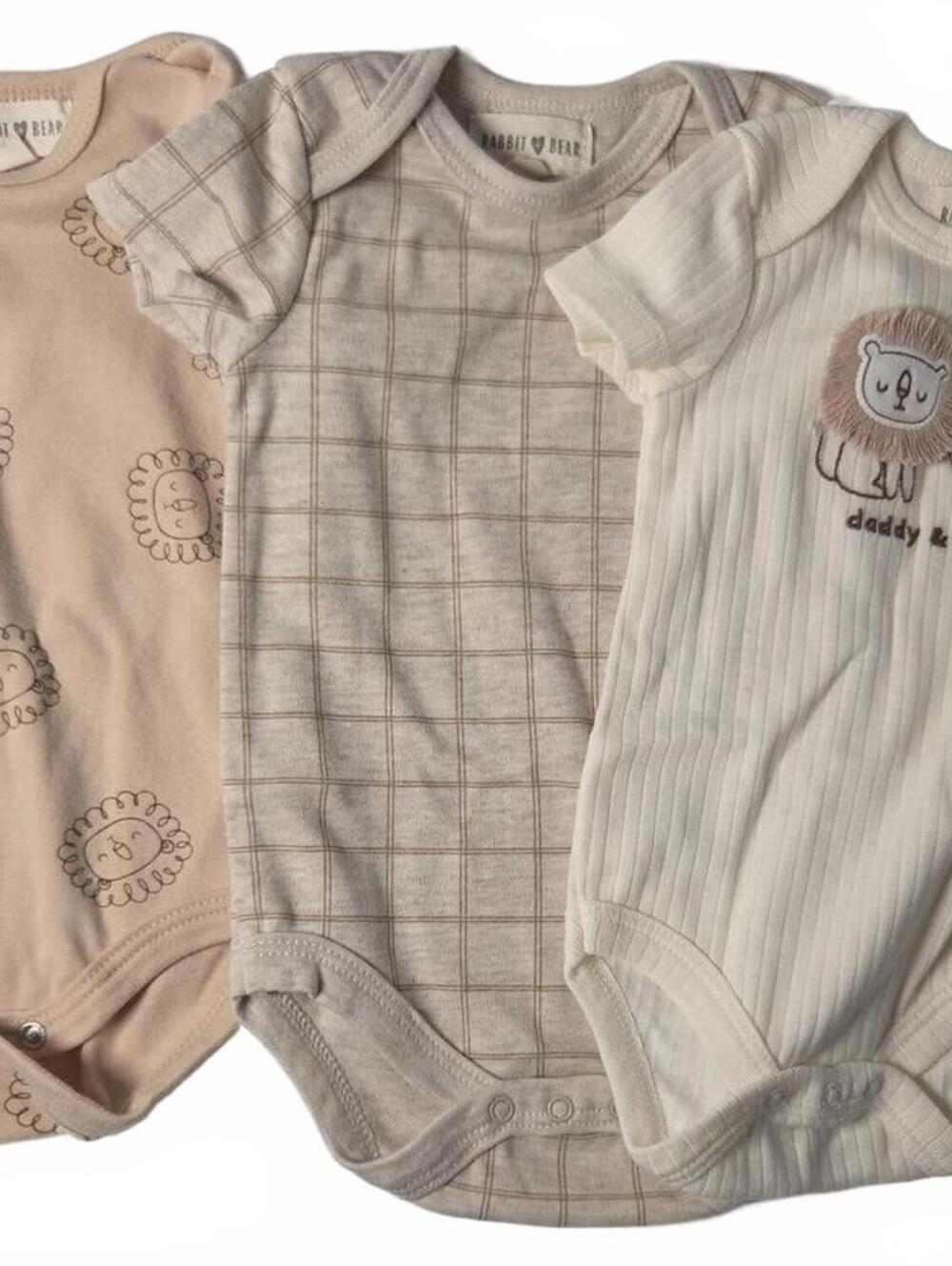 Rabbit and Bear Baby Bodysuit 3-Pack in Neutral Lion and Check Patterns